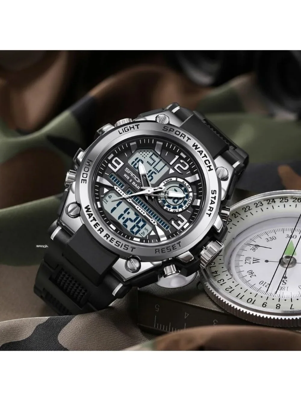 Men's Black And Silver Analog Quartz Sport Waterproof Military LED Digital Watch